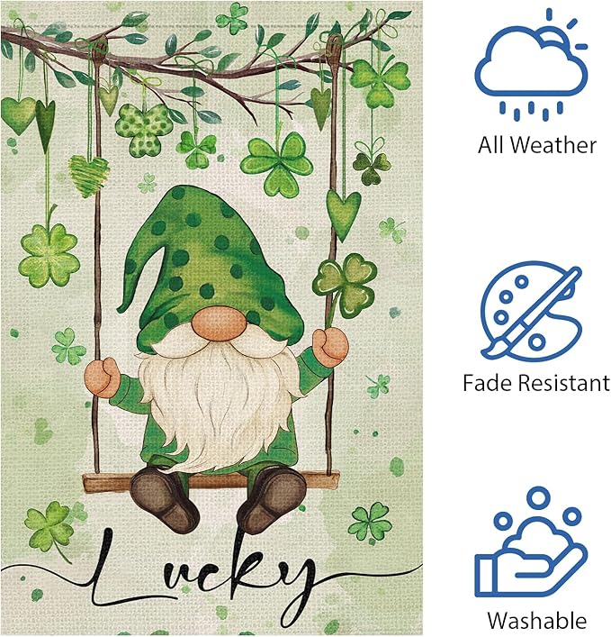 Heyfibro Lucky St. Patrick's Day Garden Flag 28x40 Double Sided Burlap, Gnome with Shamrocks Hanging Swing Yard Banner for Spring Seasonal Irish Holiday Farmhouse Outdoor Decor(ONLY FLAG)