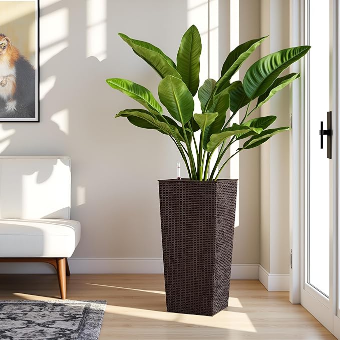 Vigo huseeo 30in Tall Planter, Self Watering Pots for Indoor/Outdoor Plants with Drain Holes, Water Level Monitor, Inner Bucket for Front Porch Patio, Brown Large(1 Set)