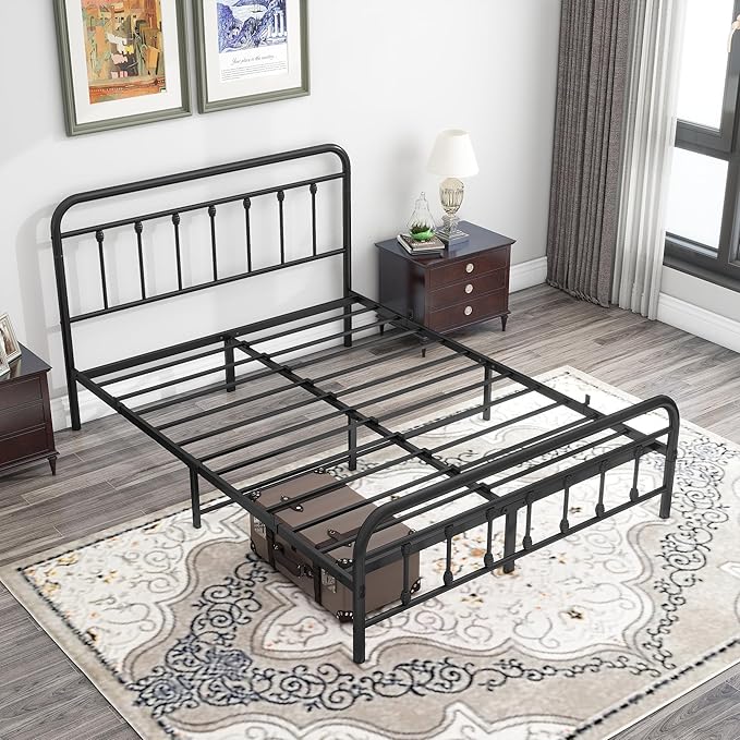 DUMEE Metal Queen Bed Frame with Headboard and Footboard Farmhouse Platform Bed Frame Queen Size Under Bed Storage No Box Spring Needed, Textured Black