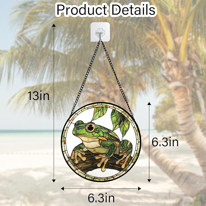 DASTOLL Stained Glass Window Hanging, Frog Green Leaf Sun Catchers Colorful Glass Panel Cool Suncatcher Decor for Birthday for Women, Men, Wife, Aunt, and Mom 6.3 in