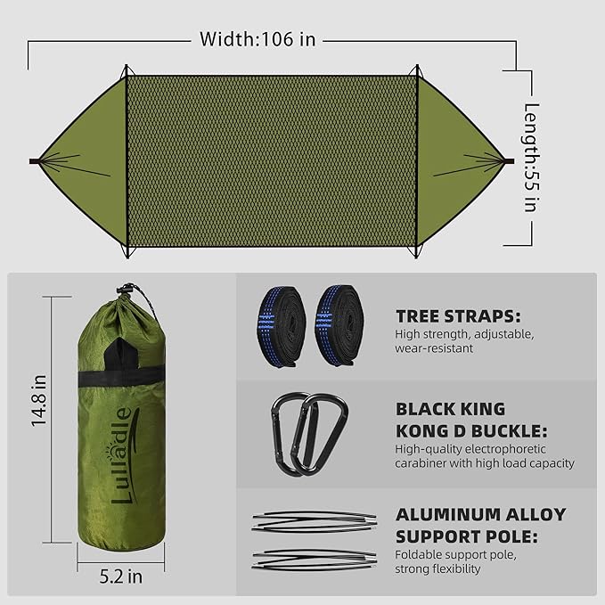 Lulladle Camping Hammock - Double and Single Hammock Portable with Tree Straps and with Mosquito Net，Nylon Hanging Hammock Easy Setup and Pack for Outdoor, Indoor, Hiking and Backyard