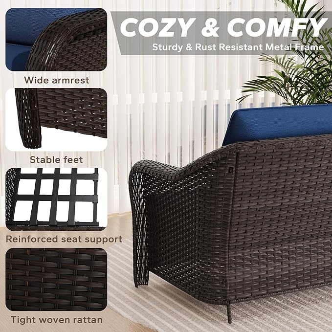 3 Pieces Patio sectional Sofa Set, Outdoor Conversation Furniture Set, 55" Patio Couch with 2 Ottomans, Rattan Wicker Sofa with Removable Cushions for Bistro, Deck (Navy Blue)