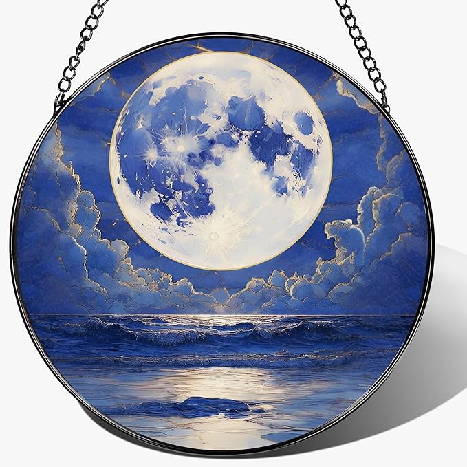 LAOWEIKI 8'' Full Moon Over Ocean Sun Catcher Ornament, Stained Glass Window Hanging, Suncatchers for Windows Hanging Ornaments, Window Decor | Ideal Gift, Mother's Day, Christmas, Birthday Gifts