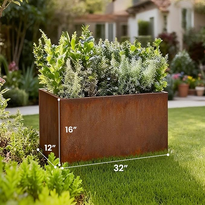 GZLVSOW Corten Steel Corner Metal Planter Box L32 x W12 x D16 Garden Steel Planter Pot for Patio Modern Farmhouse Rustic Design (L32 x W12 x D16, Rusted)