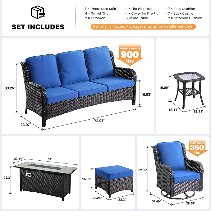 ovios 10 Pieces Patio Furniture Set, Outdoor Wicker Sofa Couch with Swivel Chairs 54" Fire Pit Table, High Back Modern All Weather Conversation Sets, Brown Rattan, Navy Blue