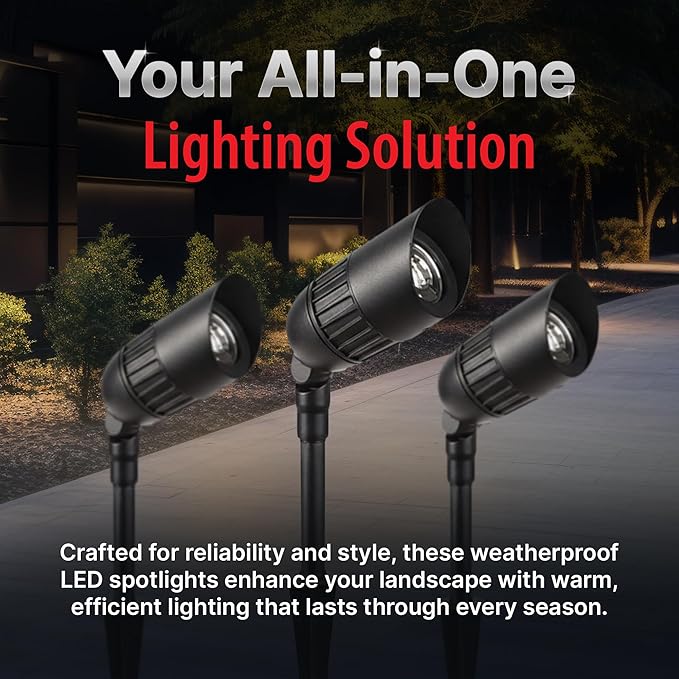CHAMPION ELECTRONICS 6-Pack Outdoor Low Voltage Landscape Spotlights, 6×3W 200LM, 3000K Warm White, Dusk to Dawn, IP65 Waterproof Path Lights with Transformer, 60FT Cable & Ground Stakes