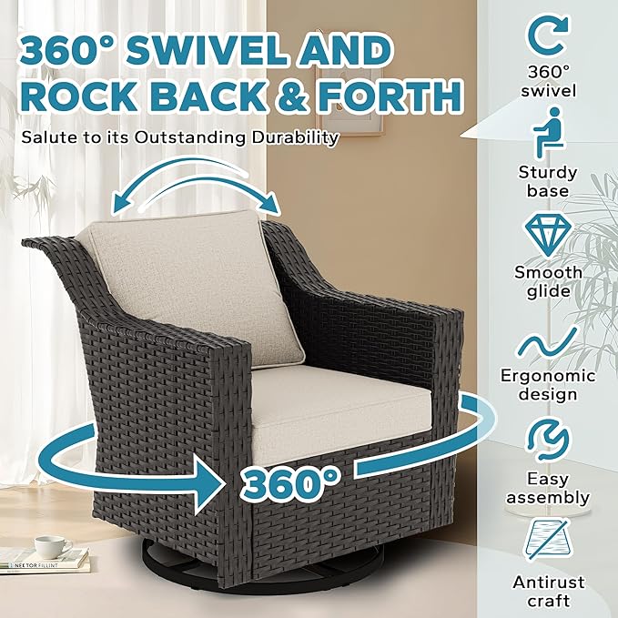 7 Pieces Outdoor Conversation Furniture Set - 77" Patio Sofa, 2 Swivel Rocker Chairs, 2 Ottomans, 1 Side Table, 1 Metal Table, Wicker Couch with Washable Cushions for Balcony (Beige)