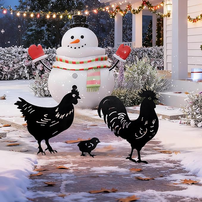 TT & MM Christmas Chicken Gifts for Women/Men,Metal Chicken Yard Decor 3 Pcs Rooster Decorations Garden Stakes,Hen/Chicks Silhouette Statues for Yard Art,Backyard,Patio,Lawn,Outdoor Decor