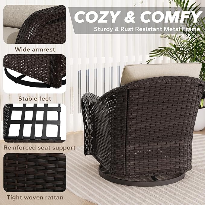 4 PCS Outdoor Conversation Set | 4 Swivel Chairs, 2 Side Tables, Patio Wicker Conversation Furniture with Removable Cushions for Bistro, Deck, Sunroom (Beige)