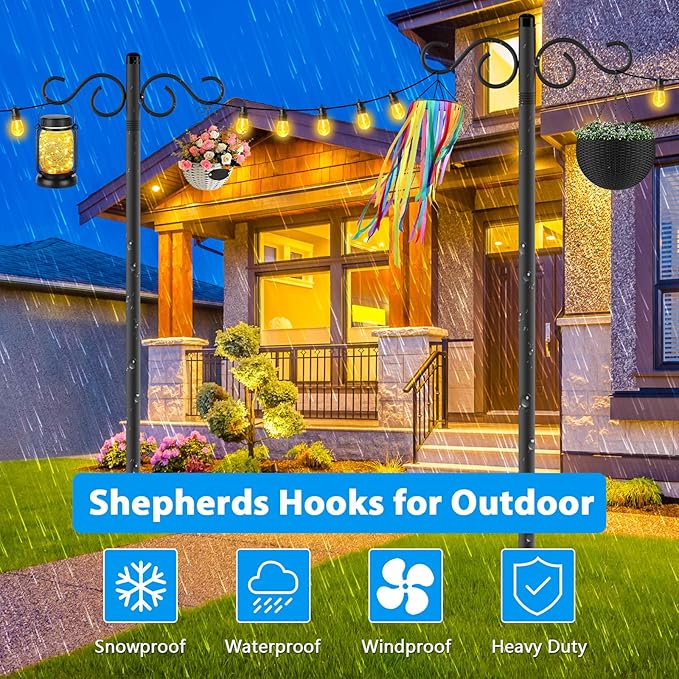 NUERPO Adjustable Shepherd Hooks for Outdoor,3 Pack 90 Inch 5 Prong Base Bird Two Sided Feeder Poles,Heavy Duty Shepherds Hook,Suitable for Garden in Hanging Flower Basket,Lantern,Bird Nests