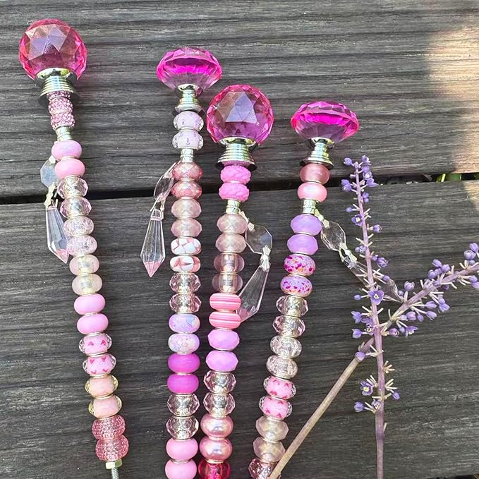 Exway 100 PCS DIY Fairy Wand Beaded Garden Stake Beads Kits with Pink Large Hole Beads 4 Crystal Stopper Top Threaded Rods and 4 pink Sparkling Crystal Pendants for outdoor indoor Decor