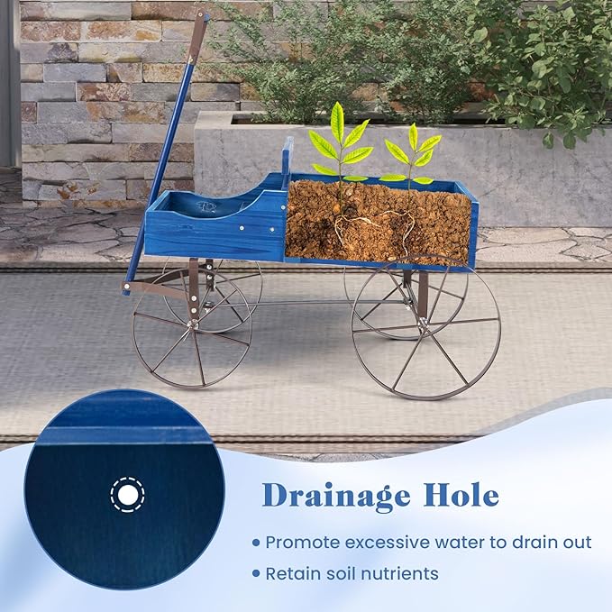 Goplus Wagon Planter, Decorative Wooden Garden Planter with Wheels, 2 Planting Sections and Adjustable Handle, Indoor Outdoor Backyard Balcony Decor (Blue)