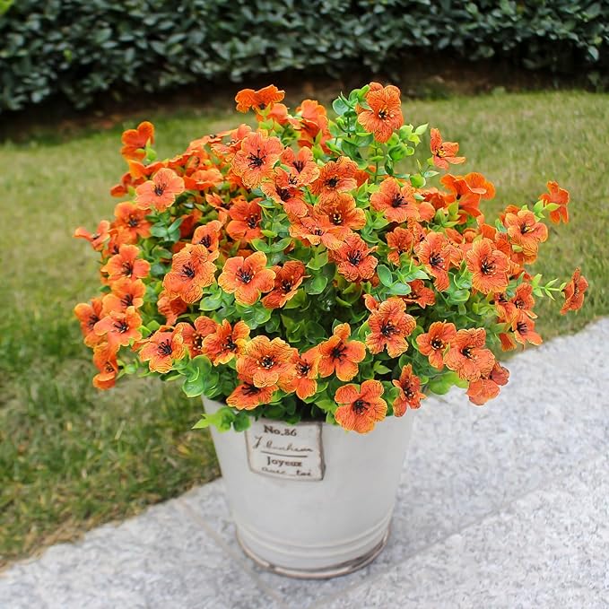 HIFORESTAR Fake Mums Artificial Outdoor Flowers 12 Bundles Autumn Fall Plants Daisy Faux Orange Blooms for Front Porch Window Box Patio Table Centerpieces Decor(Orange Daisy)