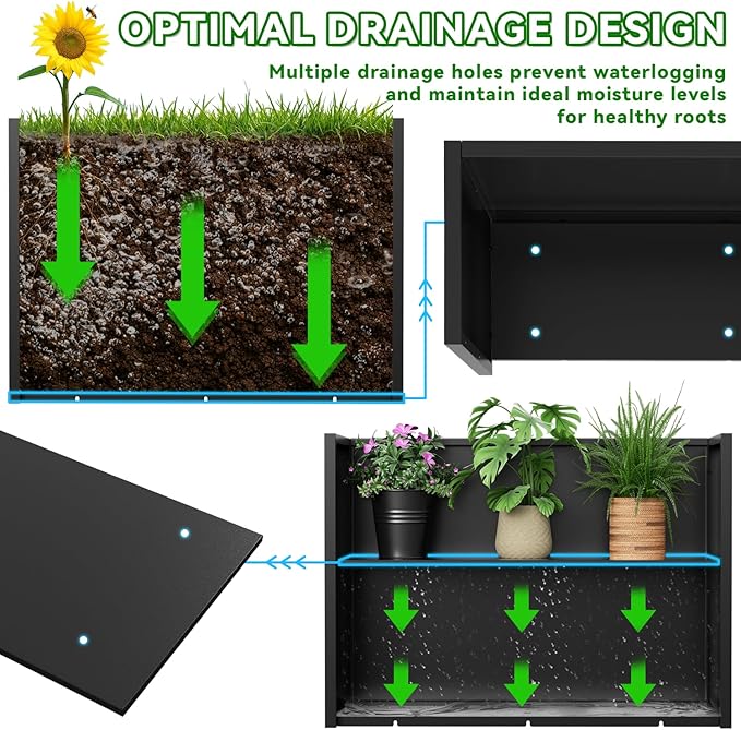 POOAMY Metal Planter, 30L x 10W x 24H, Heavy Duty Tall Planters for Outdoor Plants, Black Planters with Removable Insert Shelf, Large Planters with Drainage Holes for Porch, Patio and Yard, Black
