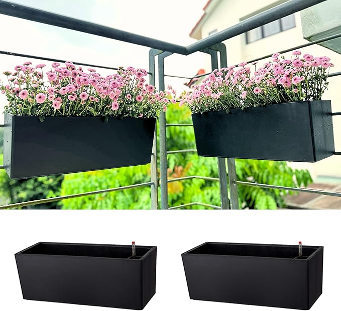 LaLaGreen Deck Railing Planters (14 Inch, 2 Pack) Black Rectangular Window Flower Box with Bracket, Self Watering System Hanging Planter Boxes for Outdoor Plant Pots Container Rail Fence Balcony Herb