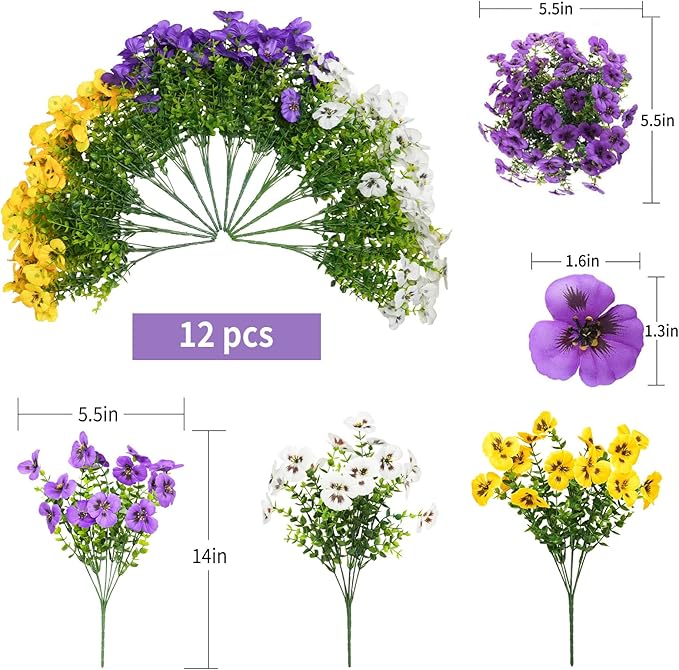 SupBri Artificial Flowers for Outdoor, UV Resistant Silk Fake Pansy Flowers, 12 Bundles Artificial Plants for Outdoor Planters Home Garden Office Patio Front (Yellow,Purple,White)