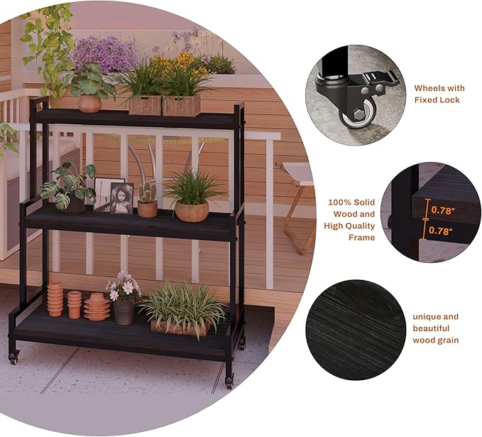 YCCO Plant Stand Indoor with Wheels 37” H, Rolling Plant Shelf Rack Outdoor,Metal Plant Stands with Solid Wood for Multiple Plants,Industrial Ladder Plant Flower Shelf for Garden,Living Room,Black