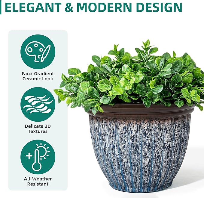 Ultym 15" D Large Flower Pots, 2-Pack Big Planters for Indoor Outdoor Plants, UV-Protect PP Container for Garden Patio Yard Balcony Porch or Home Decor, Artistic Floating Blue & Brown Glaze