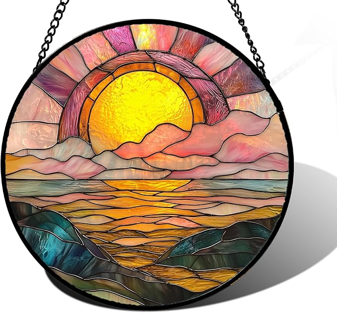 DASTOLL Stained Glass Window Hanging, Sunrise Over The Sea Suncatcher Diamond Glass Panel Hangings Abstract Sun Catchers Decor for Birthday for Women, Men, Wife, Aunt, and Mom 7.8 in