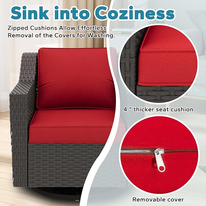 6 Pieces Patio Conversation Furniture Set - 4 Swivel Chairs, 2 Side Tables, Outdoor Wicker Furniture with Removable Cushions for Porch, Sunroom (Red)