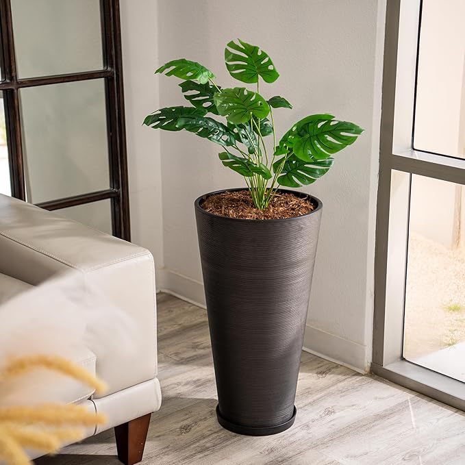 XBrand Modern 28-Inch Tall Round Planter, Modern Tapered Planter Perfect for Indoor & Outdoor Planter, Patio Décor, Set of 2, Black