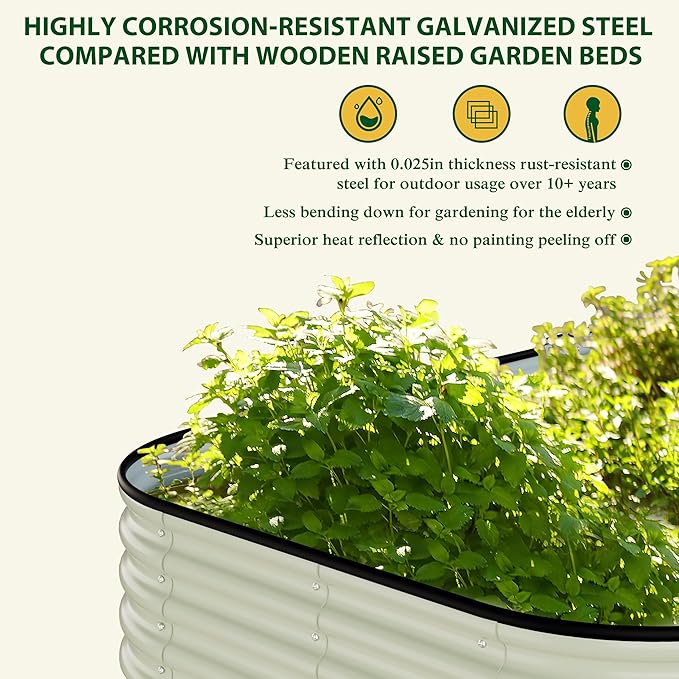 BlueWish 8x4x1FT Metal Raised Garden Bed with Aluminum Support Rods, 11.2’’H Planter Box with Rubber Edges, Many-in-1 Modular Galvanized Raised Garden Bed for Vegetable, Flower, Fruit, Beige