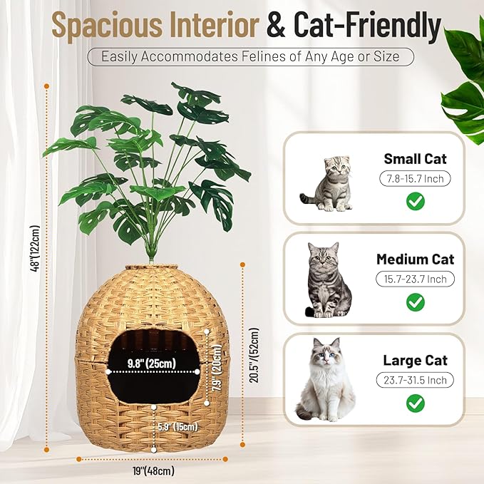 Hidden Cat Litter Box Plant Furniture Enclosure House w/ Faux Plant, Decorative Handwoven Rattan Round Planter Cat Bed for Indoor Cats w/ Odor Control Filter, in Living Room Bedroom Corner Natural