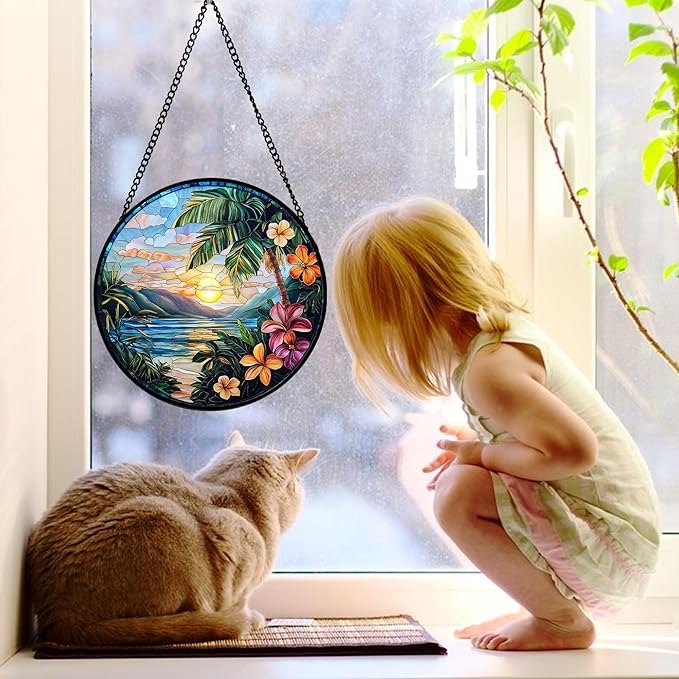 DASTOLL Stained Glass Window Hanging, Colorful Landscape Suncatcher for Doors Home Sun Catchers Decoration and Christmas, Mother's Day Birthday Gifts for Women, Men, and Mom 11.8x11.8 in