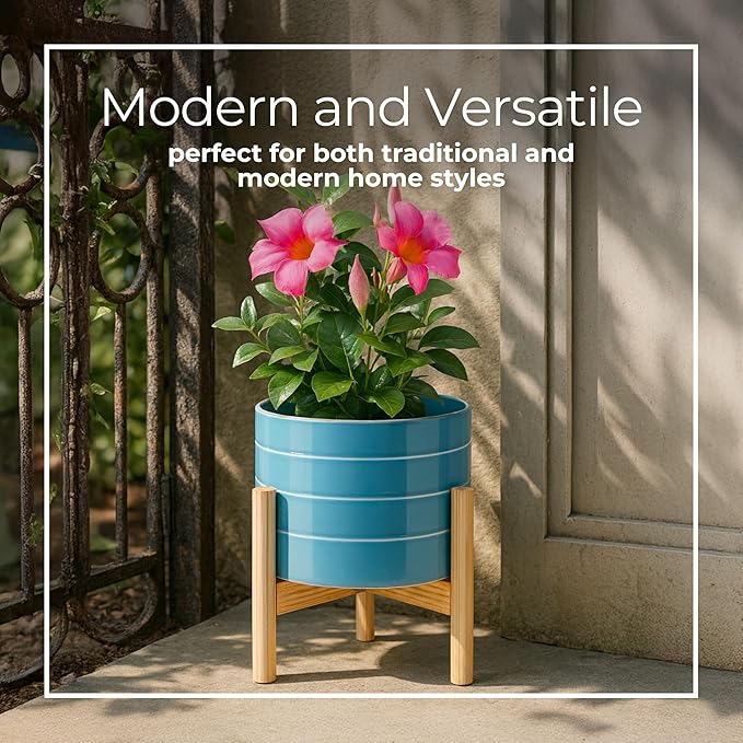 Ceramic Planter with Wooden Stand – Modern Home Decor Stoneware Plant Pot with Elevated Base – Decorative Indoor & Outdoor Planter with Legs for Living Room, Bedroom, Patio, or Garden – 9", Blue