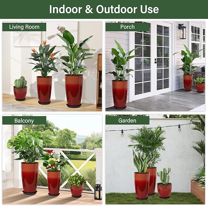 Neoaider 24/21/12 Inch Large Plastic Planter, Lightweight Ceramic-Look Tall Planters with Drain Hole & Saucers, Tall Plastic Planters for Porch, Garden, Patio, Balcony(Fiery Red)