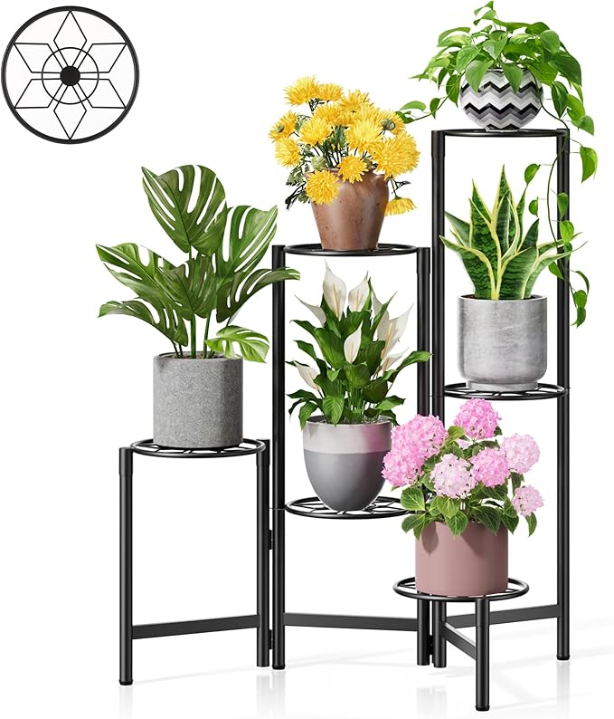 NQW 6 Tier Metal Plant Stands Outdoor Indoor, Heavy Duty Flower Pot Holder Potted Display Rack Shelf, Tall Corner Plant Shelf for Patio Garden Balcony Living Room Bedroom -BlackDiamond