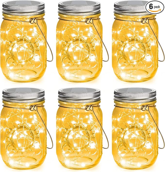 Mlambert Mason Jar Solar Lights -30 LED, 6 Pack Hanging Solar Lanterns Outdoor, Waterproof Fairy Lights for Patio Garden, Warm White