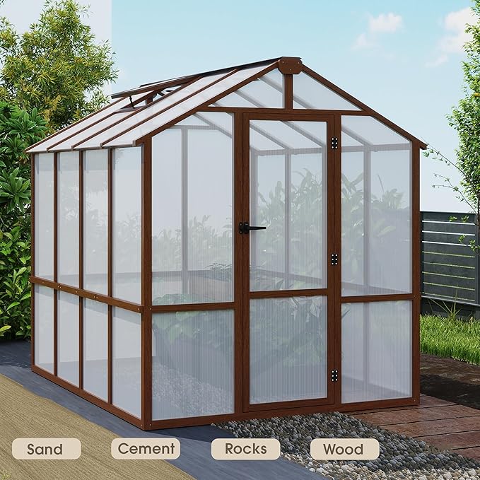 Large Walk in Greenhouse for Outdoors, 6x8 FT Length Heavy Duty Polycarbonate Panel Wooden Frame with Roof Vent & Lockable Outward-Opening Swing Door, All Season Garden Greenhouse for Backyard Patio