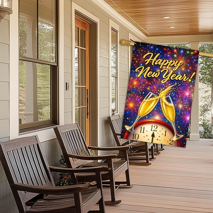 Happy New Year House Flag 28x40 Inch Champagne Glasses Fireworks and Clock Design Garden Flag Colorful Outdoor Yard Decoration Holiday Celebration Banner for Home Porch Lawn