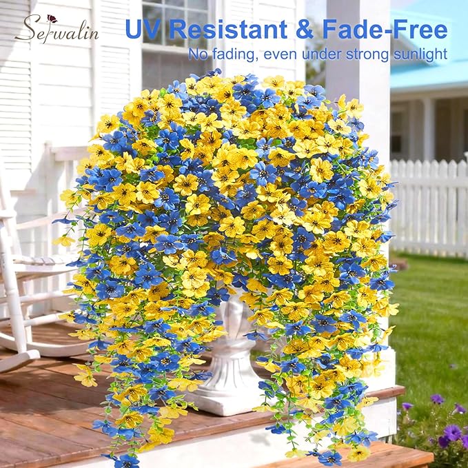 Serwalin 12PCS Artificial Fall Flowers for Outdoors Decoration, Realistic Silk Artificial Fall Hanging Flowers for Patio, Garden, Porch, Window, Outside (Yellow& Blue,12PCS)