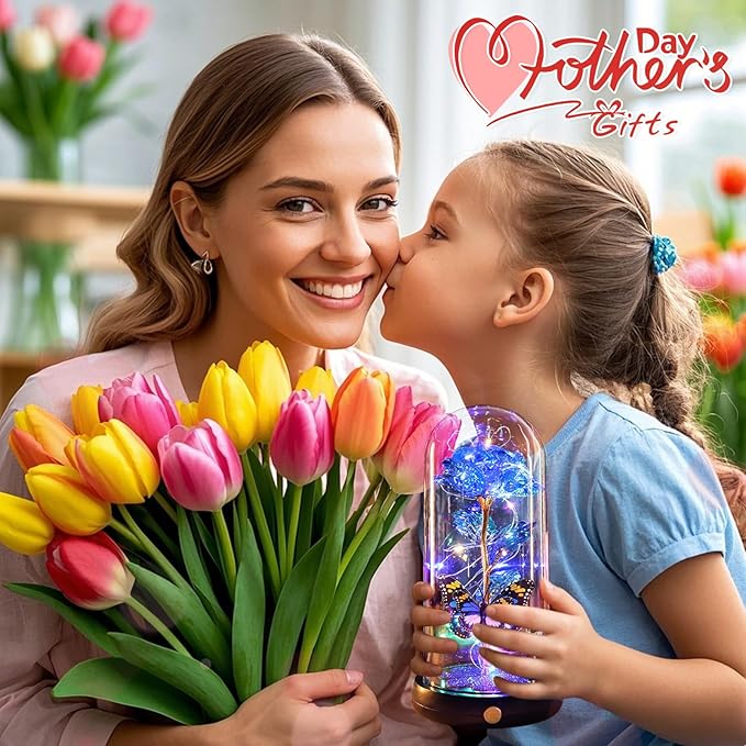 Valentines Day Rose Gifts for Her Birthday Gift for Women, Rechargeable Galaxy Glass Rose in Glass Dome Crystal Eternal Roses Butterfly Valentine Gifts for Women Daughter Mom Wife Girlfriend Blue