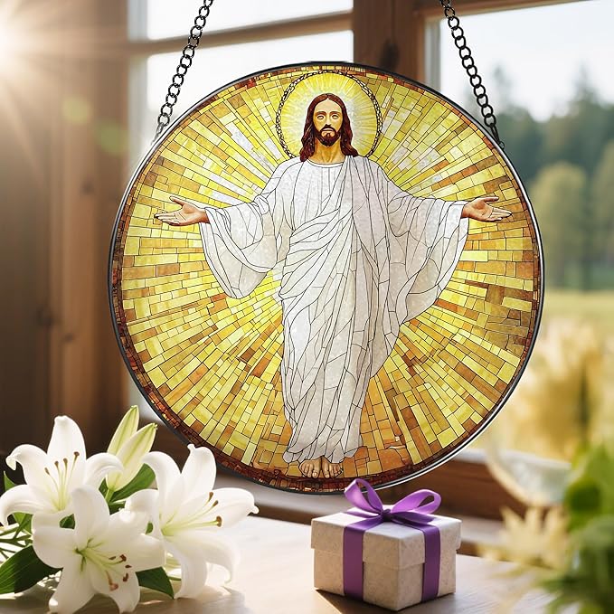 8'' Jesus Christ Stained Glass Suncatcher, Stained Glass Window Hanging, Religious Christmas Ornament, Christian Holiday Decor, Gift for Christmas, Religious Gifts, Christian Gifts