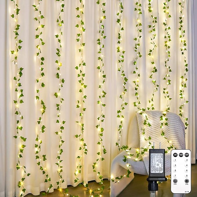 suddus 300 LED Vines with Lights Plug in, 9.8ft x 9.8ft Fairy Lights with Vines, Ivy Curtain Lights for Wall, Bedroom, Dorm, Wedding, Party, Indoor, Outdoor Decor(Warm White)