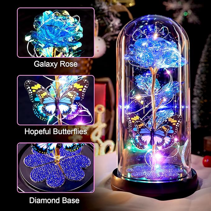 Valentines Day Rose Gifts for Her Birthday Gift for Women, Rechargeable Galaxy Glass Rose in Glass Dome Crystal Eternal Roses Butterfly Valentine Gifts for Women Daughter Mom Wife Girlfriend Blue