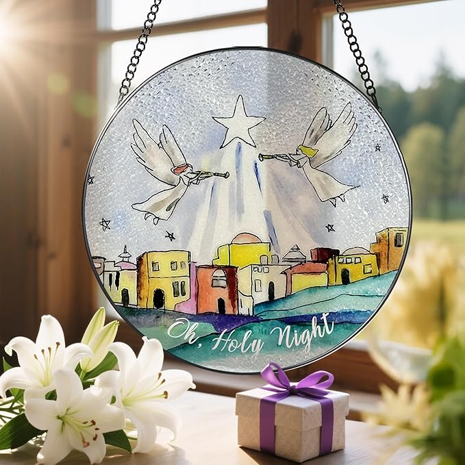 8'' Bethlehem Religious Stained Glass Suncatcher, Window Hanging Decor, Oh Holy Night Ornament, Christian Holiday Decor, Christian Gifts, Religious Gifts, Gift for Christmas