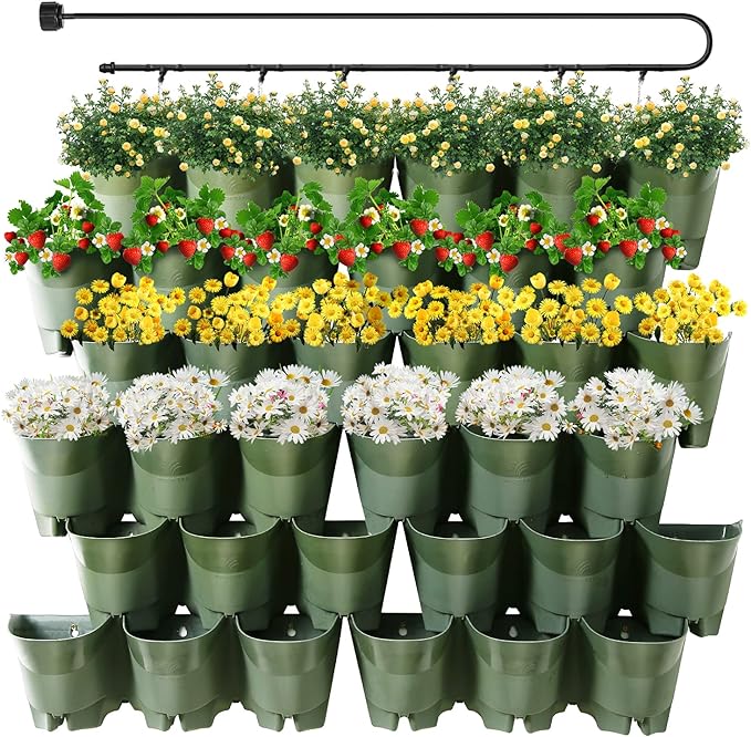 Worth Garden 36 Pockets Self Watering Vertical Planters Indoor Outdoor Living Wall Mounted - 9' Automatic Dripping Irrigation System Hose Kit Stackable Plastic Pot Herb Plants Home Balcony Decoration