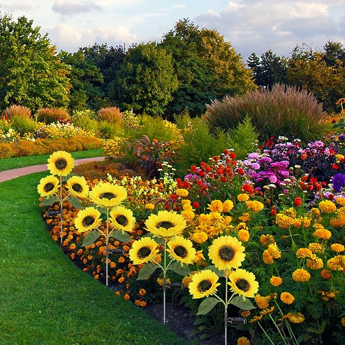 Meagoo Solar Sunflower Lights, 800mA Solar Garden Light with Real Looking Flowers Outdoor Waterproof Solar Stake Lights for Back Yard, Flower Bed, Pathway, Patio, Porch, Spring Decoration (2 Pack)