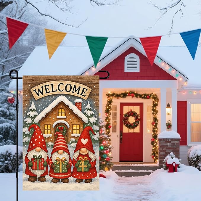 IVN Winter Garden Flag 12x18 Inch Double Sided Winter Gnomes with Gifts and Welcome Sign Outdoor Yard Flag for Outside Home Front Door Lawn Porch Patio Welcome Decor