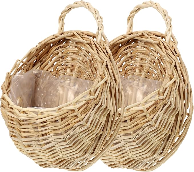 DOITOOL Wicker Wall Basket for Plants Rattan Hanging Planter for Indoor Outdoor Use Wall Flower Holder for Home Garden Decoration 2-Piece Set 7X9 Inches
