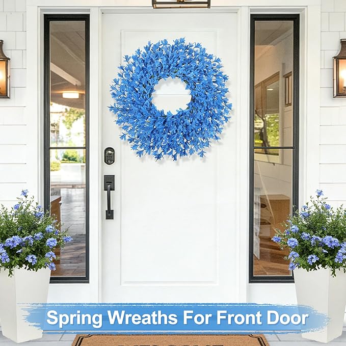 26 Inch Spring Wreaths for Front Door Large Easter Valentines Forsythia Floral Summer Spring Door Wreaths Outdoor All Season Spring Decorations for Home Porch Room Window Wall Farmhouse Decor (Blue-R)