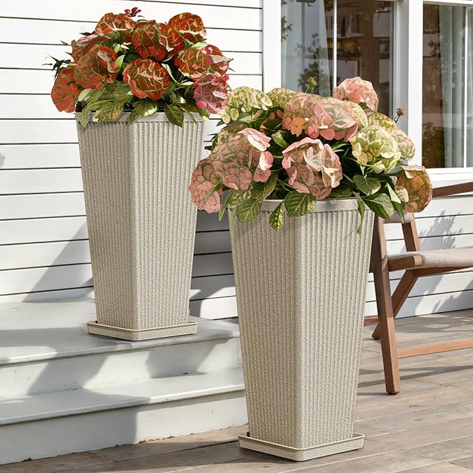 Trygoal Square Tall Planters for Outdoor Plants Set of 2-23.6" Heavy-Duty Classic Tapered Indoor Flower Pots with Drainage Holes/Partition/Tray, Large Outdoor Planters for Porch Patio Garden, Beige