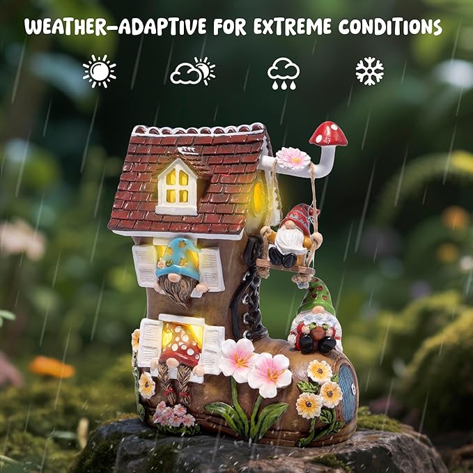 Hodao Spring Solar Gnomes Garden Decor - Whimsical Shoe House with Swinging Gnome, Hand-Painted Floral Base & Mushroom Swing for Porch, Yard, Flower Bed Garden Gifts for Women, Mom (Brown)