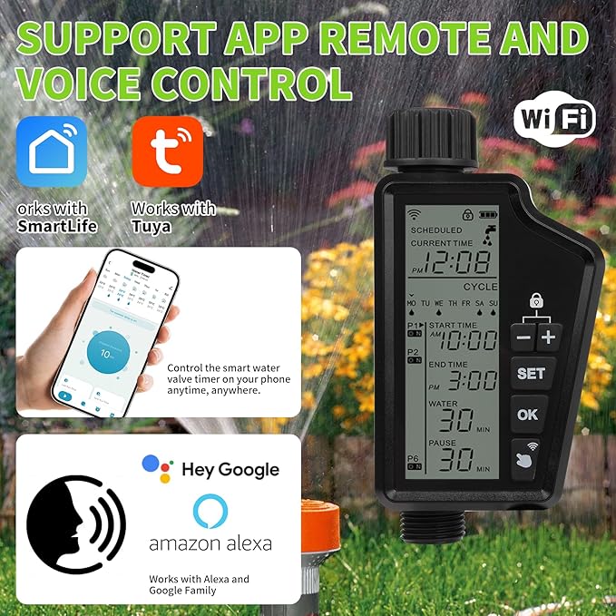 Smart Water Timer for Garden Hose, Programmable Sprinkler Timer with Rain Delay, Manual and Automatic Irrigation System, Child Lock, IP54 Waterproof, for Lawn Yard Garden Watering, 1 Outlet