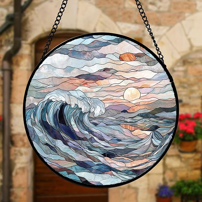 DASTOLL Stained Glass Window Hanging, Sunrise Waves Sun Catchers Diamond Glass Panel Hangings Abstract Suncatcher Decor for Birthday for Women, Men, Wife, Aunt, and Mom 9.8 in