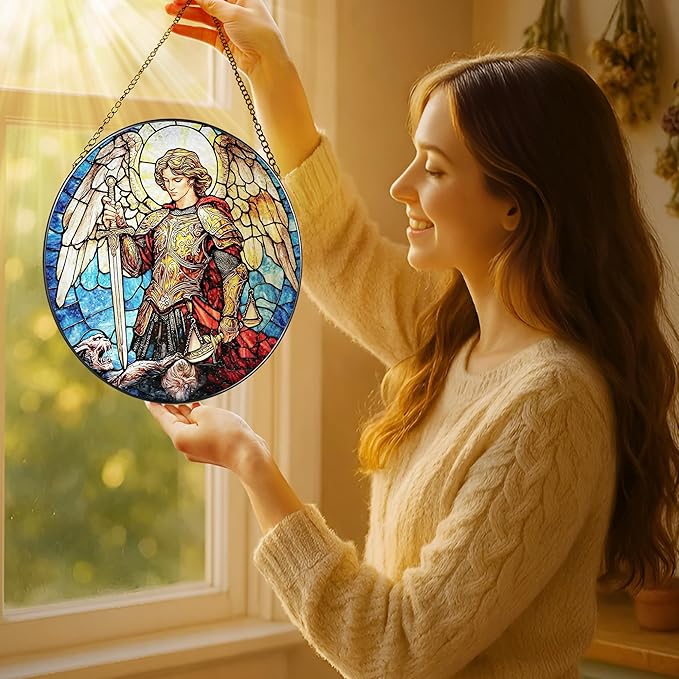 Stained Glass Suncatcher, Archangel Michael Sun Catcher Ornament; Stained Glass Window Hanging, Warrior Angel Window Decor, Spiritual Protection Decor, Christmas Ornament; Christian Religious Gifts